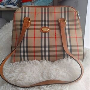 Vintage Burberry Nova Check Horse Canvas & Leather Shoulder Bag